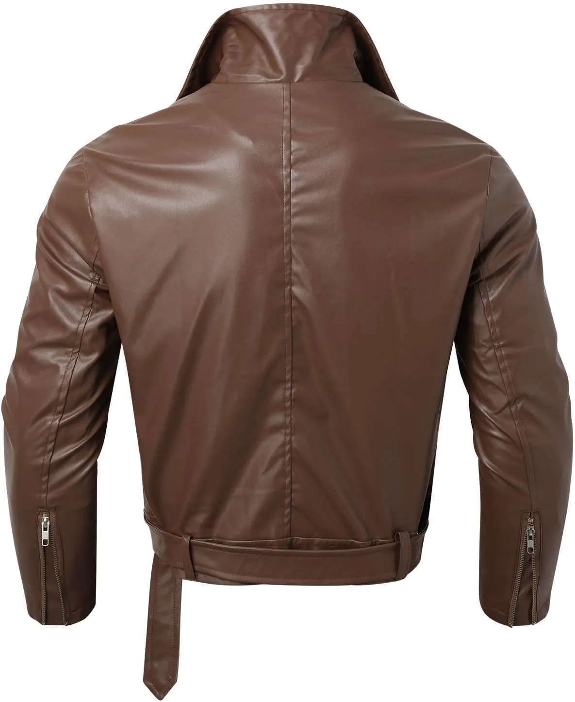 Men's Vintage Faux Leather Motorcycle Jacket with Asymmetrical Zipper and Belt Slim Fit Biker Coat for Casual Wear