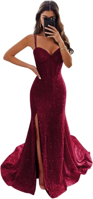 Mermaid Sequin Prom Dress Long Sparkly Corset Formal Evening Party Dress with Slit