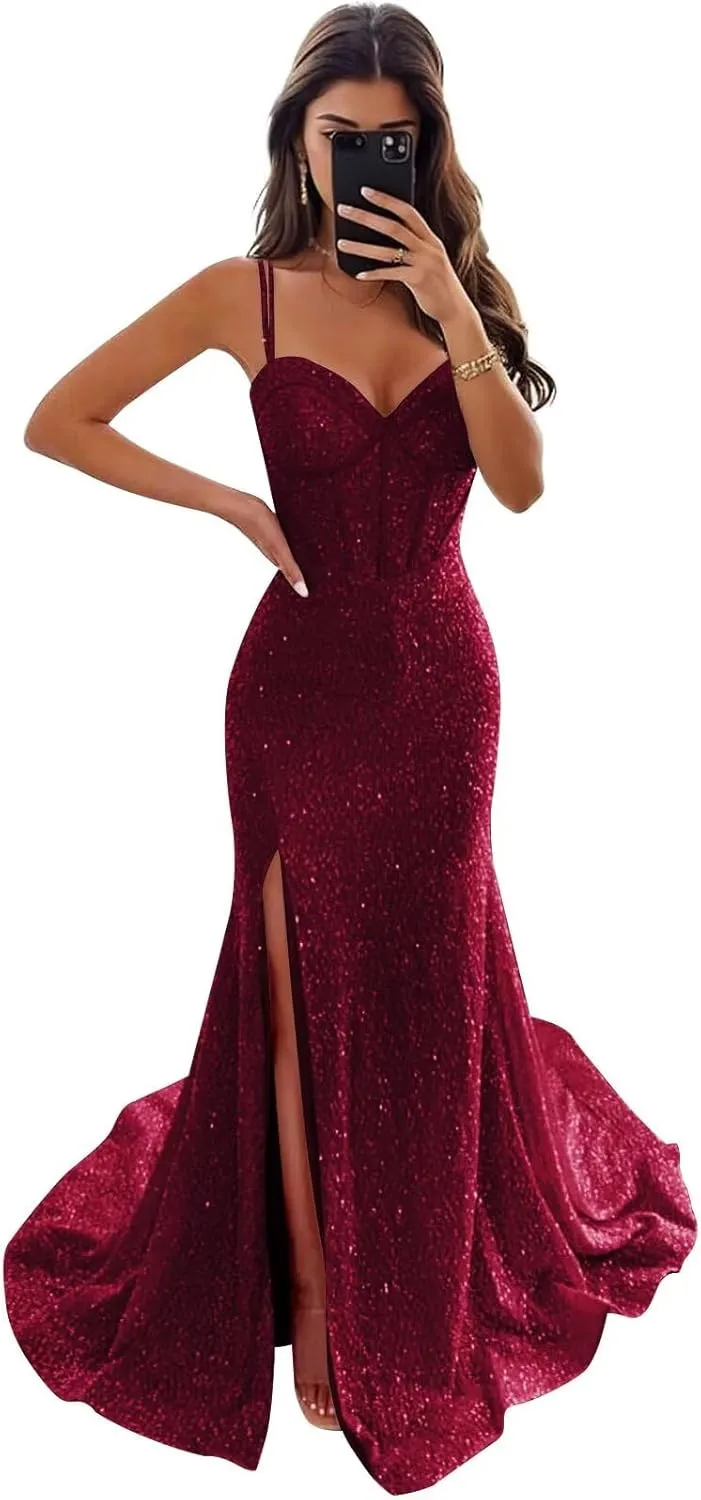 Mermaid Sequin Prom Dress Long Sparkly Corset Formal Evening Party Dress with Slit