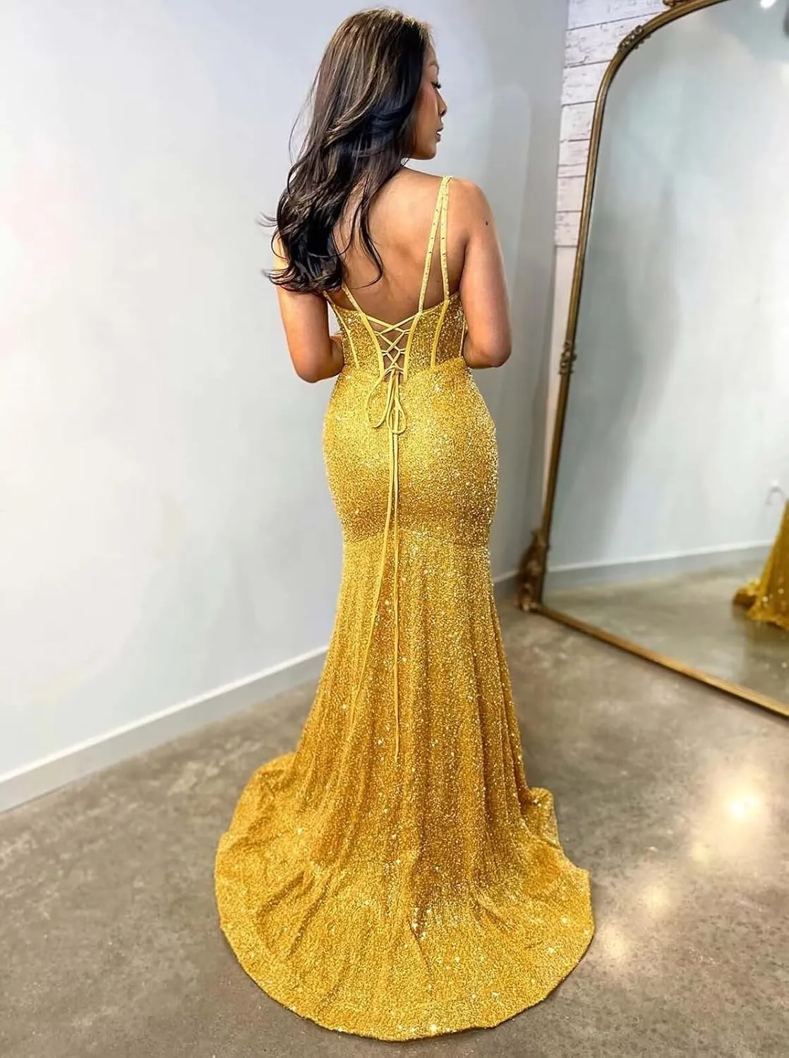 Mermaid Sequin Prom Dress Long Sparkly Corset Formal Evening Party Dress with Slit