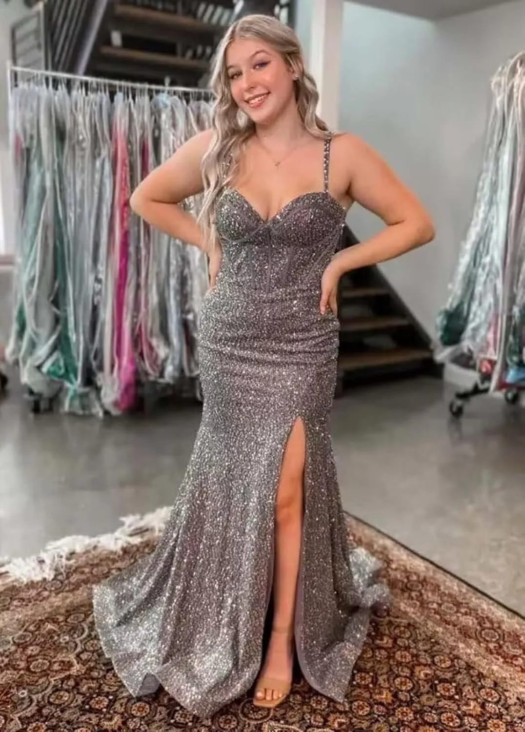 Mermaid Sequin Prom Dress Long Sparkly Corset Formal Evening Party Dress with Slit