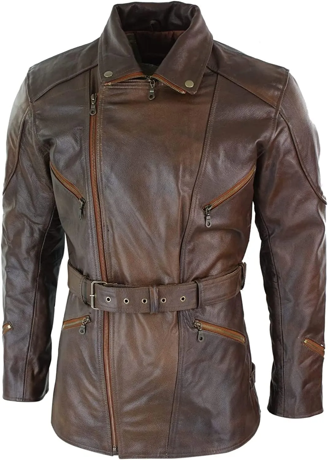 Mid Length Mens Genuine Leather Coat 3/4 Quarter Motorcycle Black Biker Long Jacket Leather Car Coat Winter Outerwear