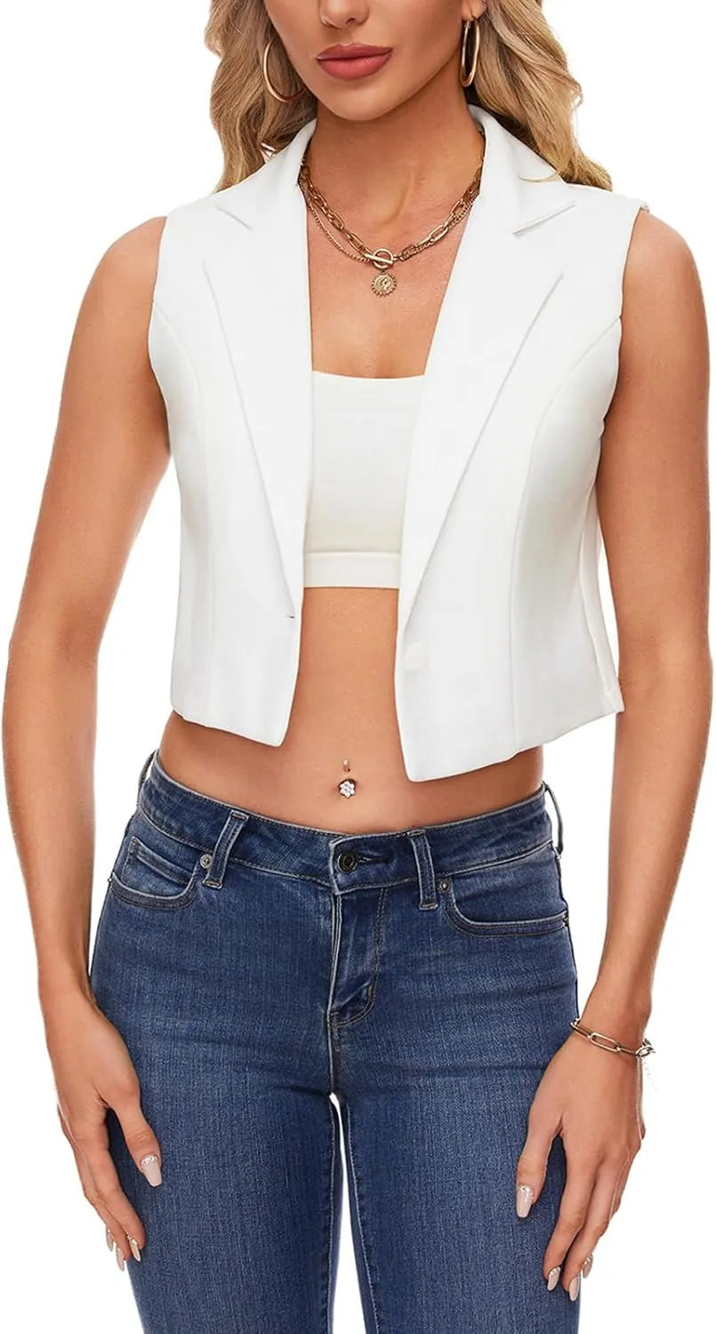 MINTLIMIT Women's Sleeveless Crop Blazer Vest Notched Lapel Button Front Jacket Blazers Casual Work Office Suit Vests