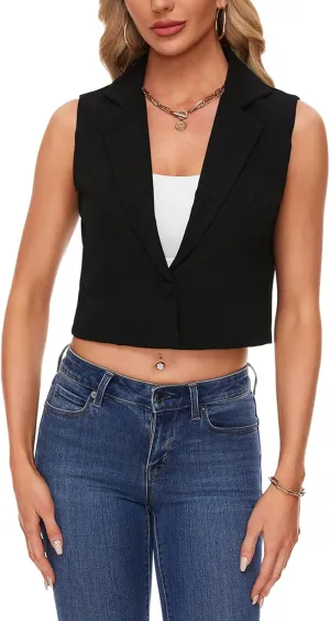 MINTLIMIT Women's Sleeveless Crop Blazer Vest Notched Lapel Button Front Jacket Blazers Casual Work Office Suit Vests