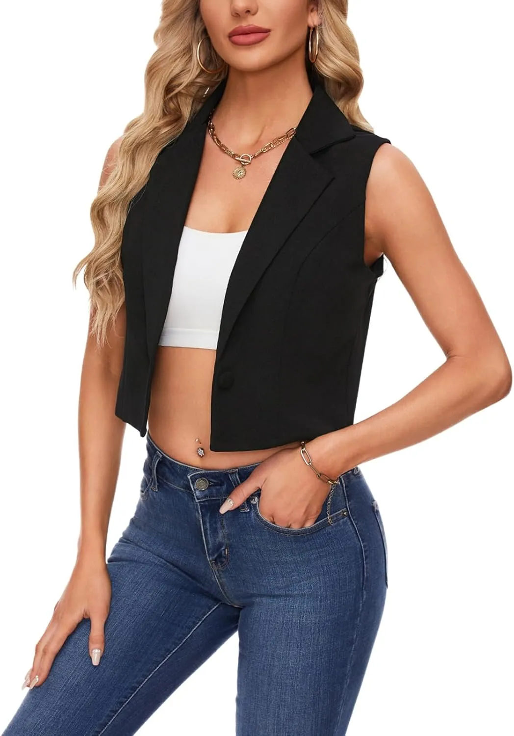 MINTLIMIT Women's Sleeveless Crop Blazer Vest Notched Lapel Button Front Jacket Blazers Casual Work Office Suit Vests