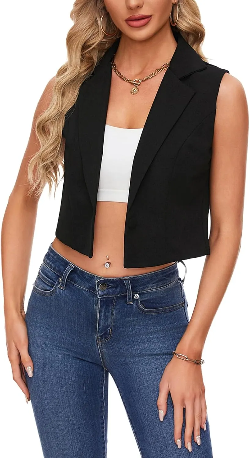 MINTLIMIT Women's Sleeveless Crop Blazer Vest Notched Lapel Button Front Jacket Blazers Casual Work Office Suit Vests