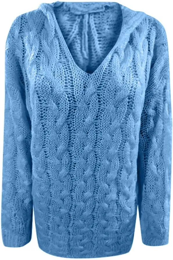 Miyaomn Women's Trendy Chunky Cable Knit V Neck Sweaters Hoodies Slim Fit Casual Solid Long Sleeve Hooded Pullover Jumper Top