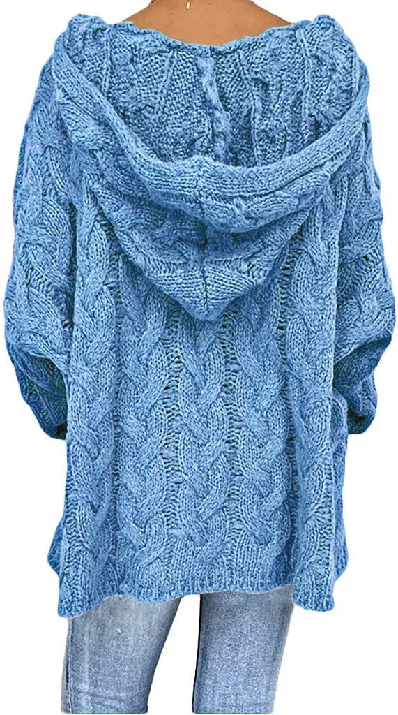 Miyaomn Women's Trendy Chunky Cable Knit V Neck Sweaters Hoodies Slim Fit Casual Solid Long Sleeve Hooded Pullover Jumper Top