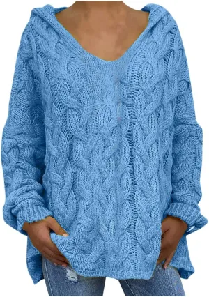 Miyaomn Women's Trendy Chunky Cable Knit V Neck Sweaters Hoodies Slim Fit Casual Solid Long Sleeve Hooded Pullover Jumper Top