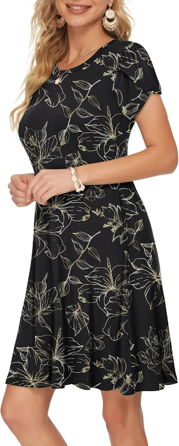 MOLERANI Summer Dresses for Women 2024 Casual T Shirt Crewneck Petal Sleeve Swing Vacation Dress with Pockets