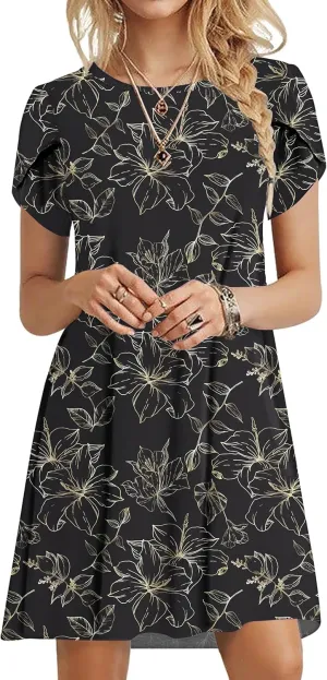 MOLERANI Summer Dresses for Women 2024 Casual T Shirt Crewneck Petal Sleeve Swing Vacation Dress with Pockets