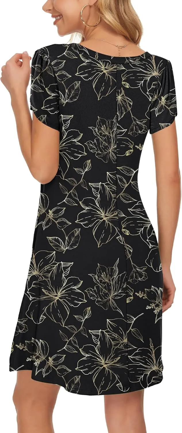 MOLERANI Summer Dresses for Women 2024 Casual T Shirt Crewneck Petal Sleeve Swing Vacation Dress with Pockets