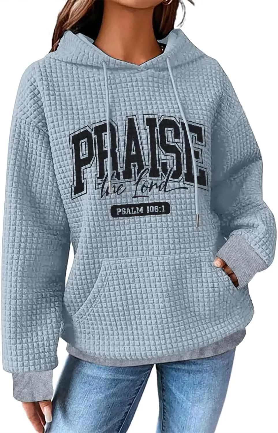 MYHALF Love Like Jesus Hoodies for Women Christian Bible Verse Sweatshirt Casual Drawstring Waffle Pullover Tops with Pocket
