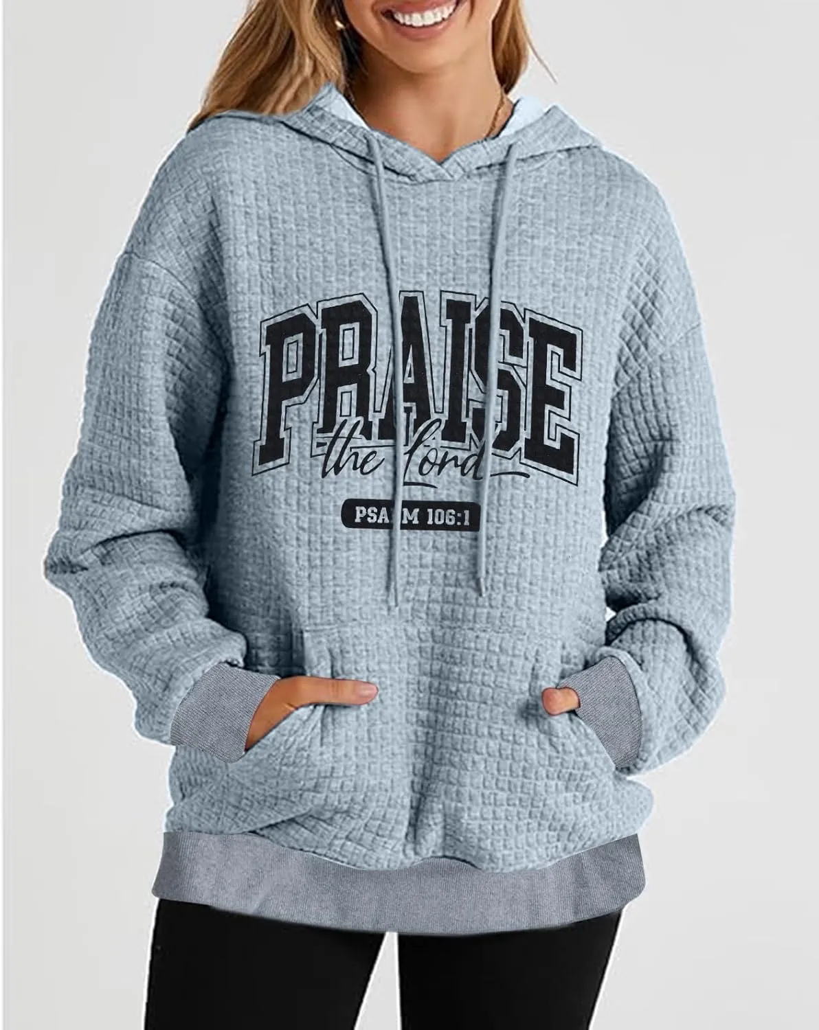 MYHALF Love Like Jesus Hoodies for Women Christian Bible Verse Sweatshirt Casual Drawstring Waffle Pullover Tops with Pocket