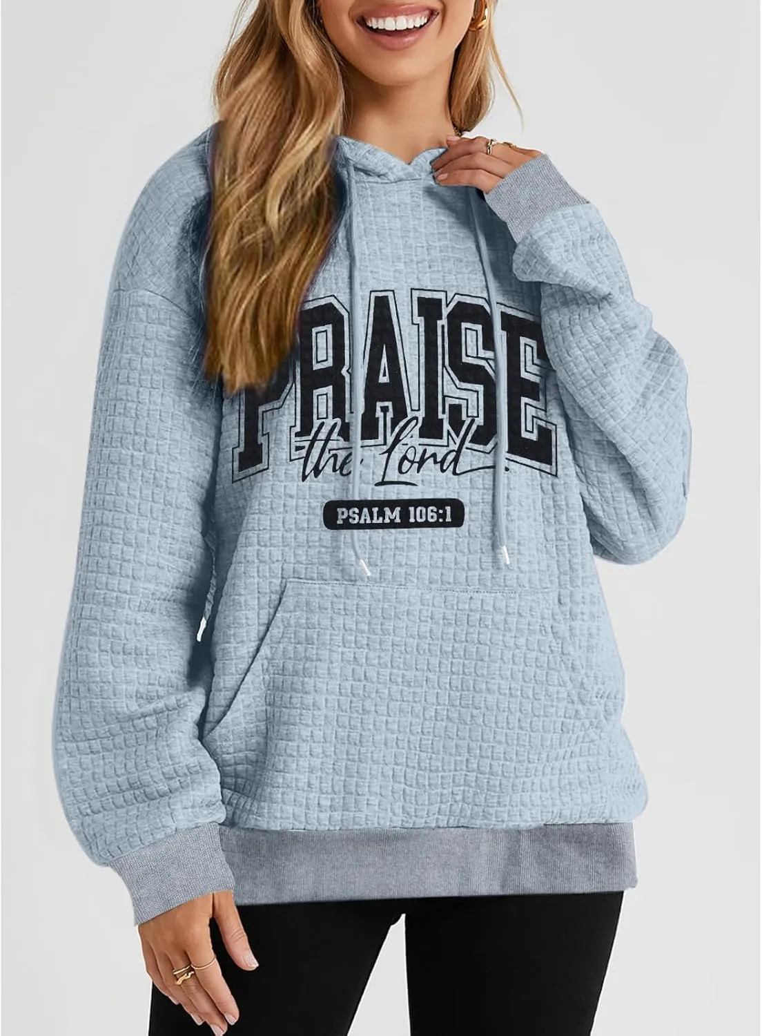 MYHALF Love Like Jesus Hoodies for Women Christian Bible Verse Sweatshirt Casual Drawstring Waffle Pullover Tops with Pocket