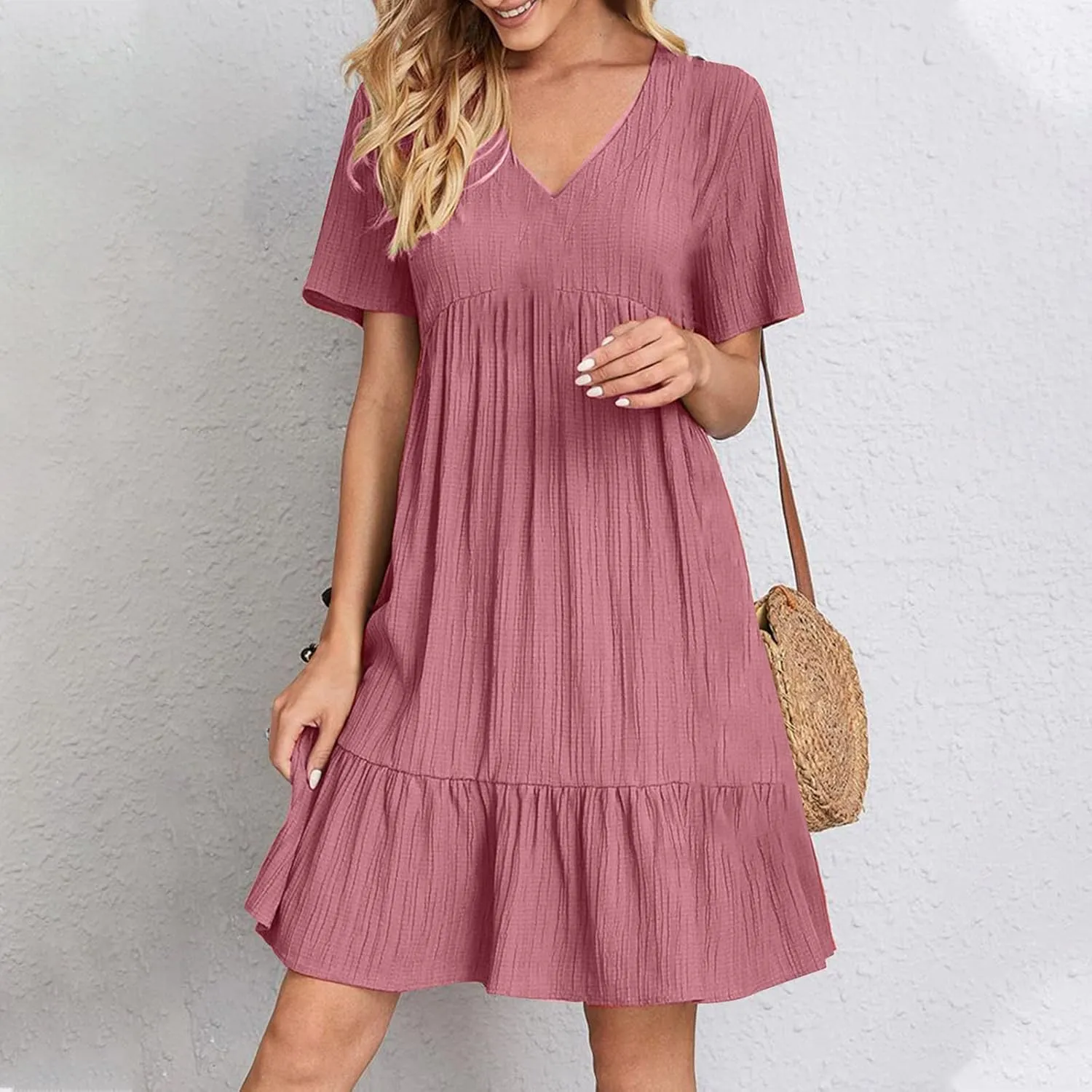 NaRHbrg Women's Casual Summer Midi Dress Short Sleeve V-Neck Loose Dress Ruffle Swing A Line Beach Sundress Flowy Dresses