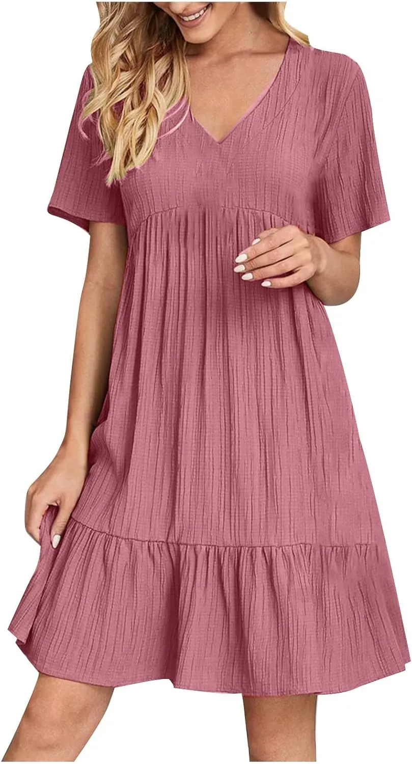 NaRHbrg Women's Casual Summer Midi Dress Short Sleeve V-Neck Loose Dress Ruffle Swing A Line Beach Sundress Flowy Dresses