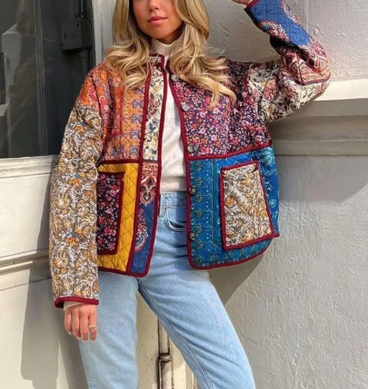 NUFIWI Women Floral Print Cropped Quilted Jacket Cardigan Vintage Open Front Padded Puffler Coat Lightweight Casual Outwear