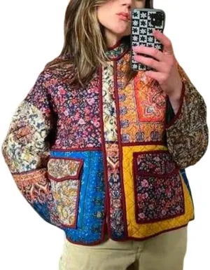 NUFIWI Women Floral Print Cropped Quilted Jacket Cardigan Vintage Open Front Padded Puffler Coat Lightweight Casual Outwear