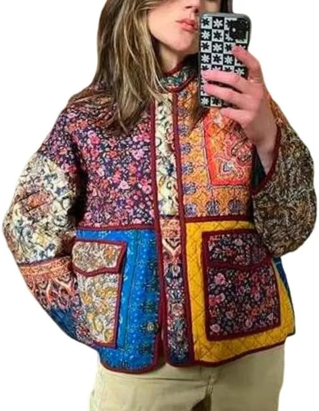 NUFIWI Women Floral Print Cropped Quilted Jacket Cardigan Vintage Open Front Padded Puffler Coat Lightweight Casual Outwear