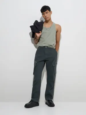 Nuon Dark Green Relaxed-Fit Mid-Rise Cotton-Blend Pants
