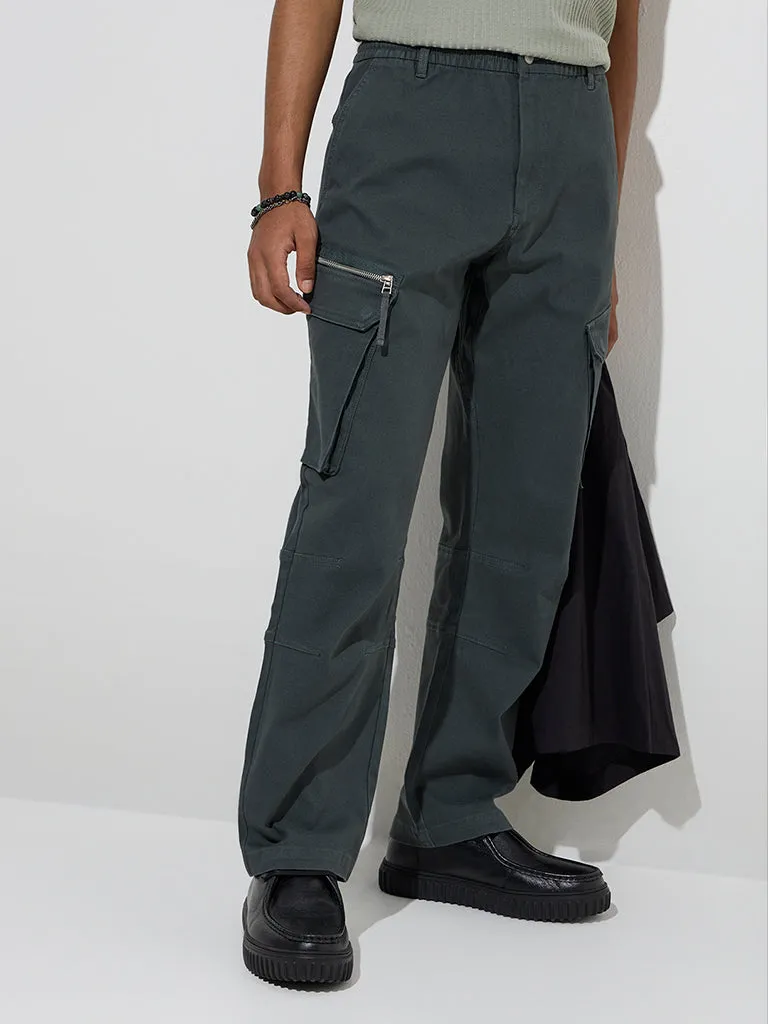 Nuon Dark Green Relaxed-Fit Mid-Rise Cotton-Blend Pants