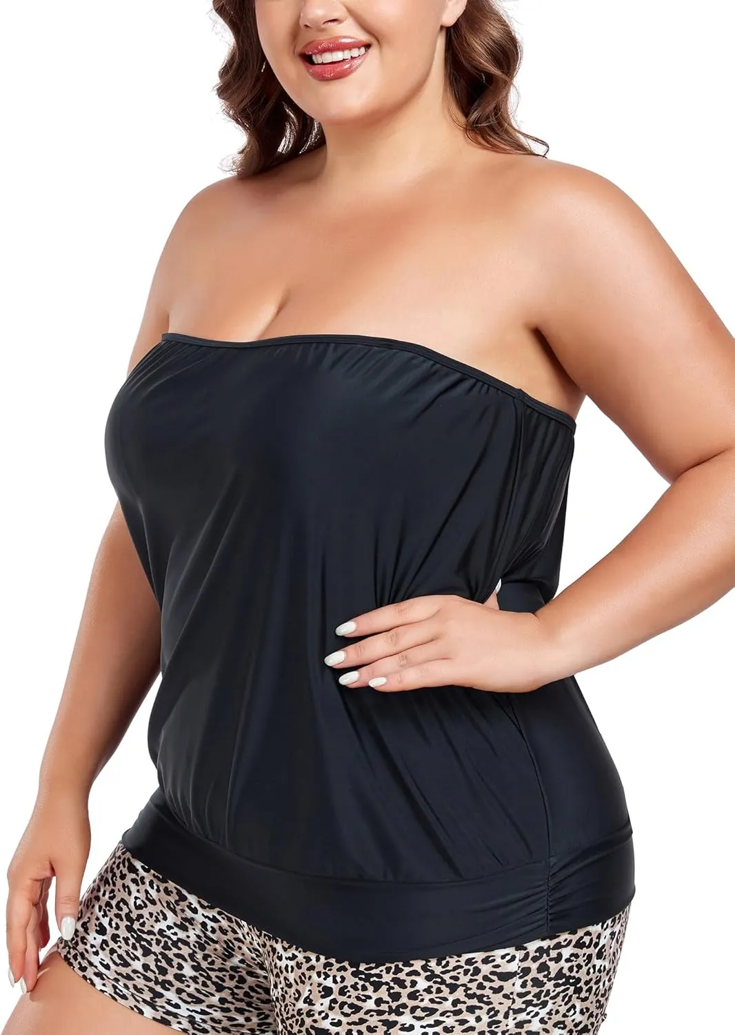 Ocean Blues Women's Plus Size Bandeau Tankini Top Only Loose-Fitting Swimsuit