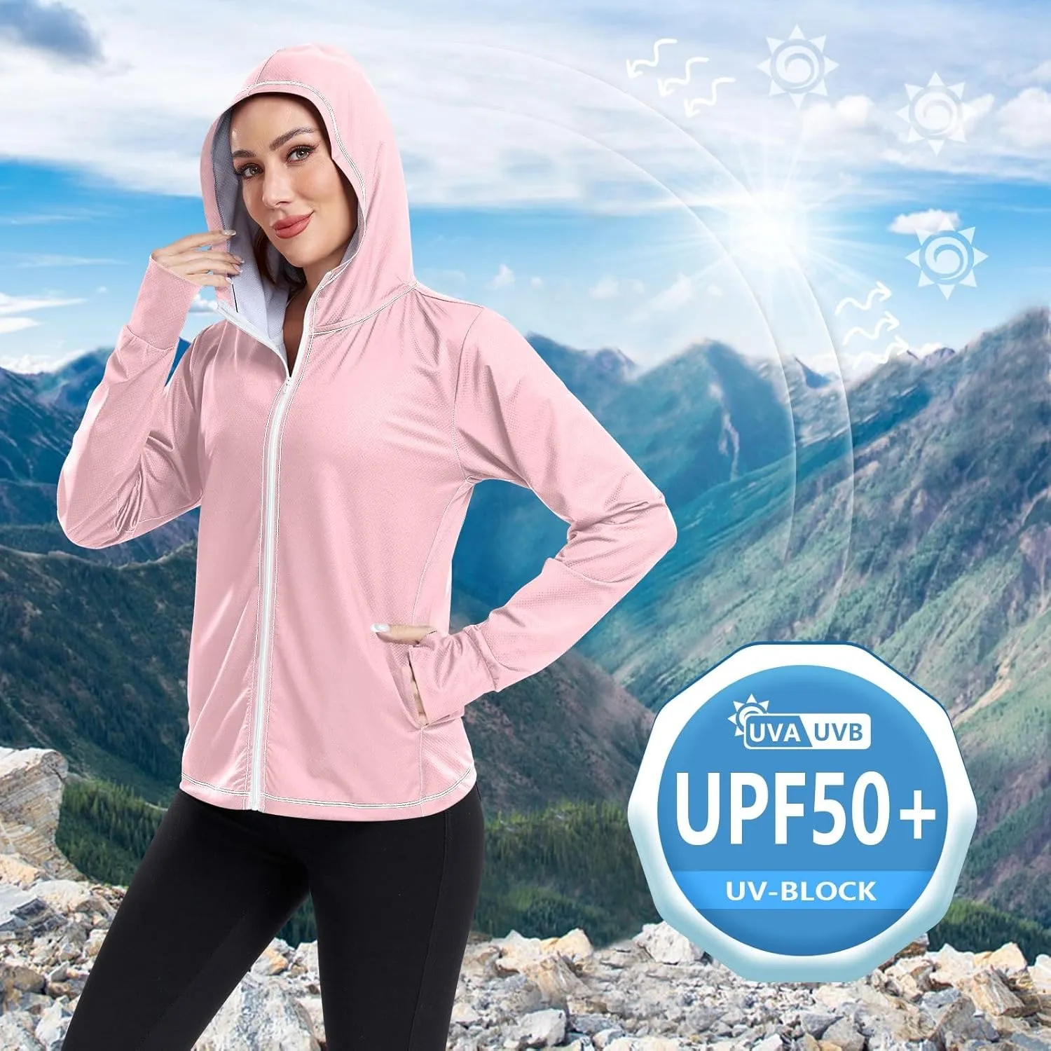 ODAWA Rose Gold Womens Upf Hoodie SPF Long Sleeve Sun Shirt Zip Up Hoodie UV Cooling Hoodie Summer Clothing