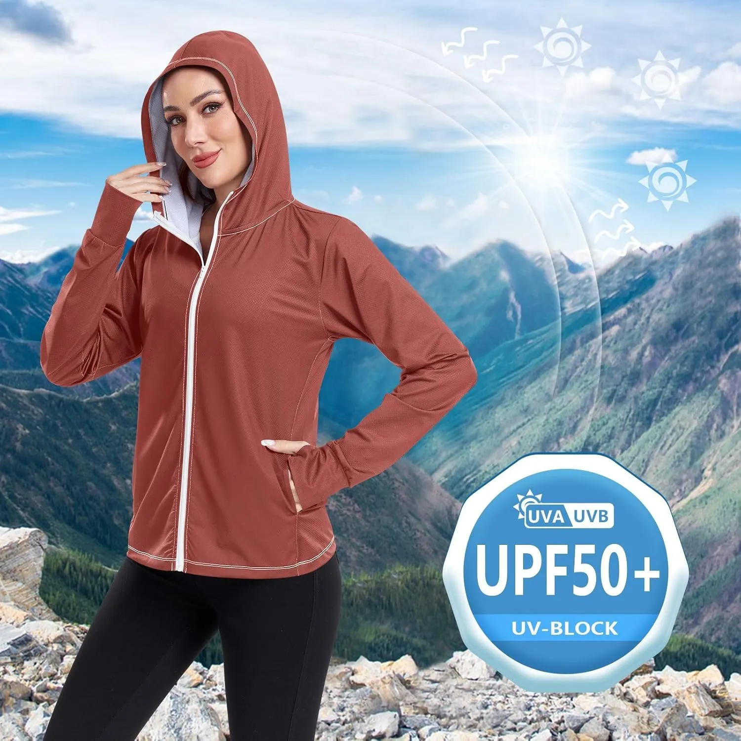 ODAWA Rose Gold Womens Upf Hoodie SPF Long Sleeve Sun Shirt Zip Up Hoodie UV Cooling Hoodie Summer Clothing