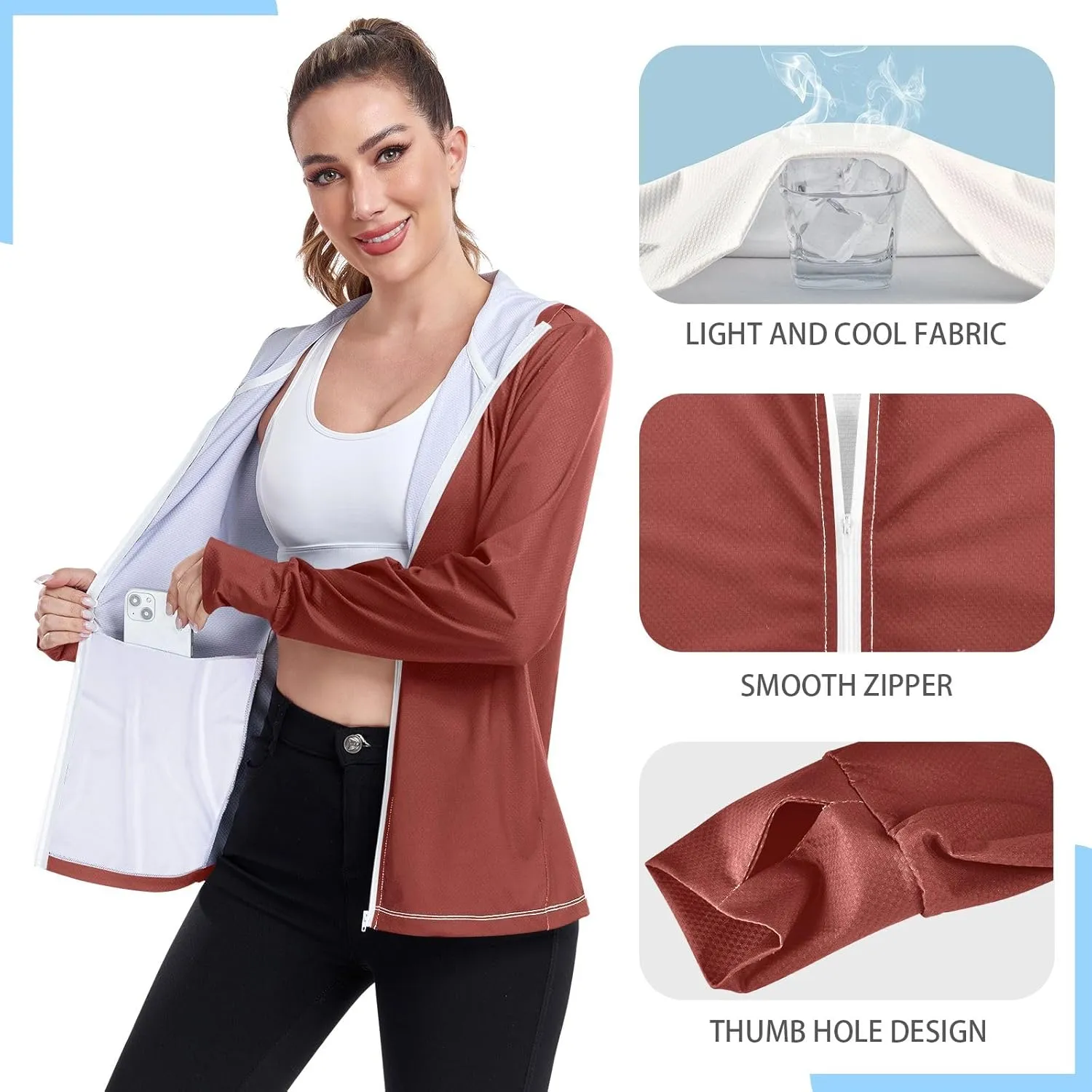 ODAWA Rose Gold Womens Upf Hoodie SPF Long Sleeve Sun Shirt Zip Up Hoodie UV Cooling Hoodie Summer Clothing