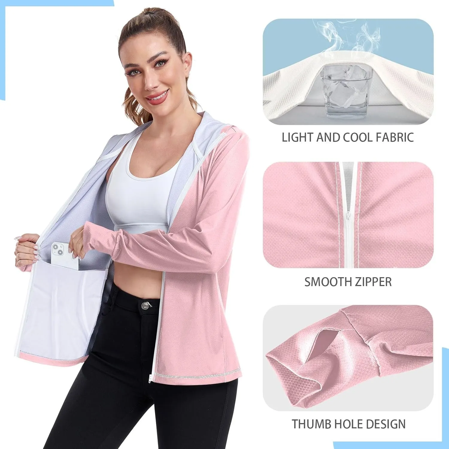 ODAWA Rose Gold Womens Upf Hoodie SPF Long Sleeve Sun Shirt Zip Up Hoodie UV Cooling Hoodie Summer Clothing