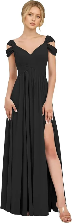 Off Shoulder Chiffon Bridesmaid Dresses with Slit Long Pleated A-Line Evening Formal Party Gowns DR0582