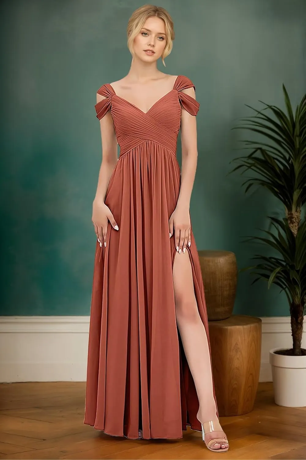 Off Shoulder Chiffon Bridesmaid Dresses with Slit Long Pleated A-Line Evening Formal Party Gowns DR0582