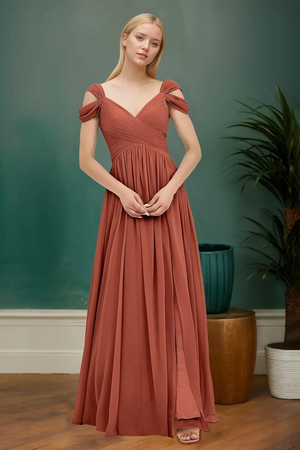 Off Shoulder Chiffon Bridesmaid Dresses with Slit Long Pleated A-Line Evening Formal Party Gowns DR0582