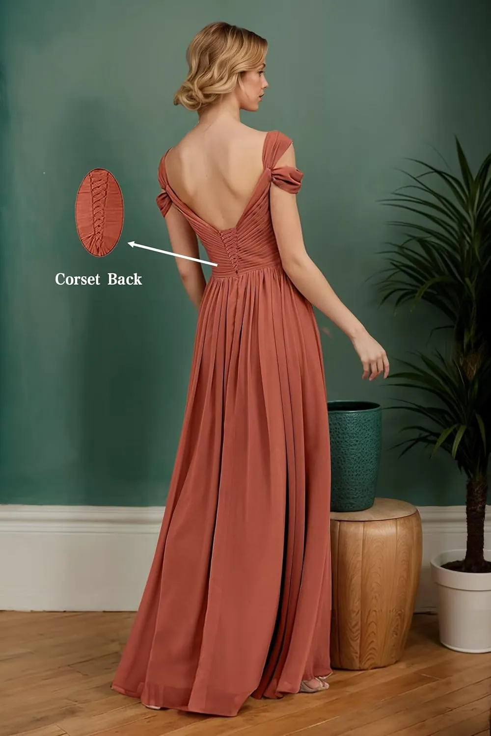 Off Shoulder Chiffon Bridesmaid Dresses with Slit Long Pleated A-Line Evening Formal Party Gowns DR0582