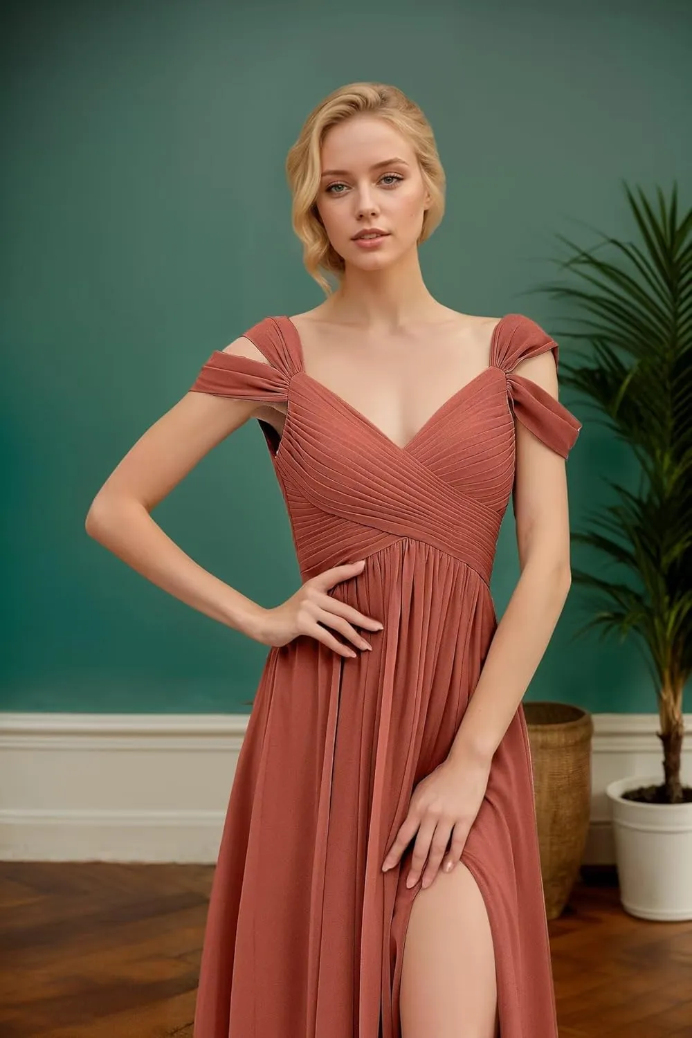 Off Shoulder Chiffon Bridesmaid Dresses with Slit Long Pleated A-Line Evening Formal Party Gowns DR0582