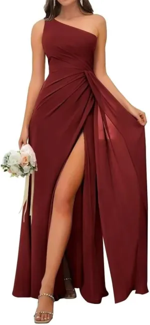 One Shoulder Country Bridesmaid Dresses Ruched Chiffon Prom Formal Evening Maxi Gowns with Slit EZ123