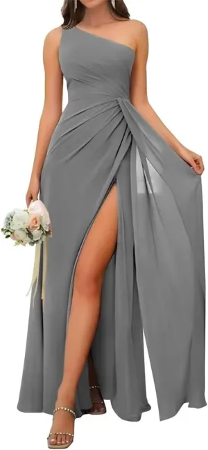 One Shoulder Country Bridesmaid Dresses Ruched Chiffon Prom Formal Evening Maxi Gowns with Slit EZ123