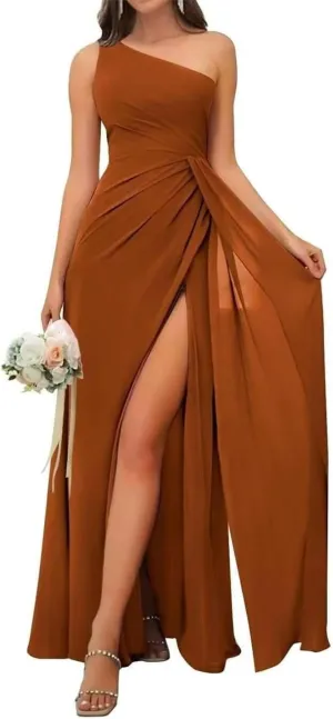 One Shoulder Country Bridesmaid Dresses Ruched Chiffon Prom Formal Evening Maxi Gowns with Slit EZ123