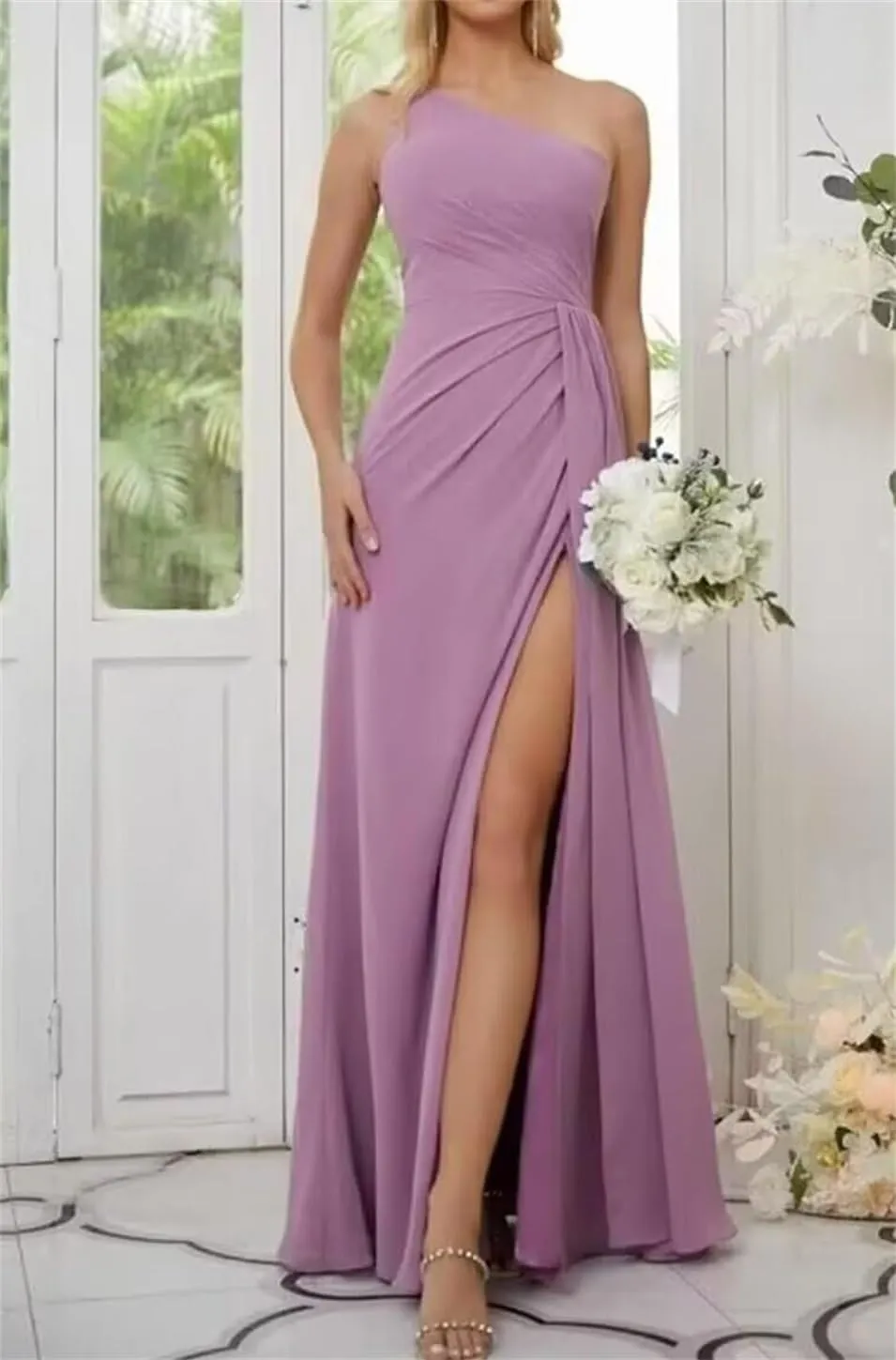 One Shoulder Country Bridesmaid Dresses Ruched Chiffon Prom Formal Evening Maxi Gowns with Slit EZ123
