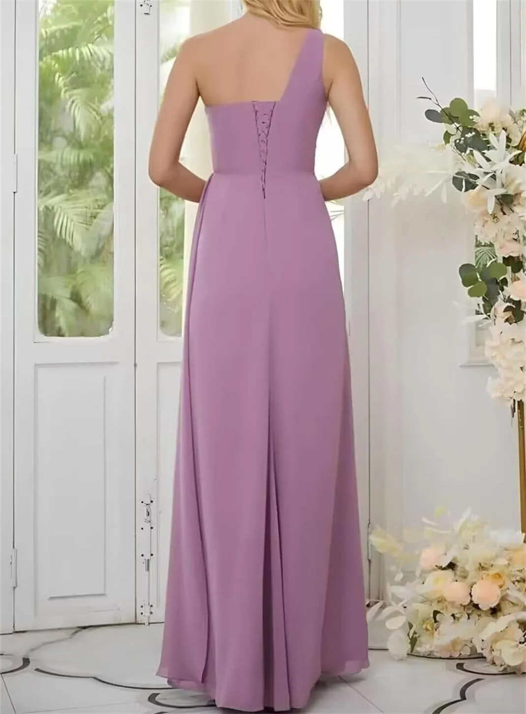 One Shoulder Country Bridesmaid Dresses Ruched Chiffon Prom Formal Evening Maxi Gowns with Slit EZ123