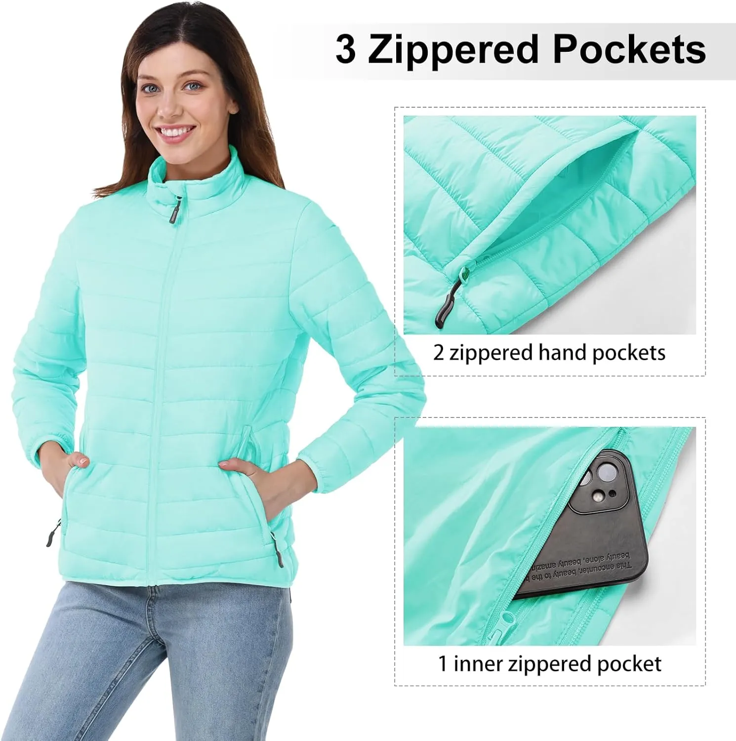 Outdoor Ventures Women's Packable Full-Zip Short Puffer Jacket Insulated Quilted Warm Lightweight Winter Coat