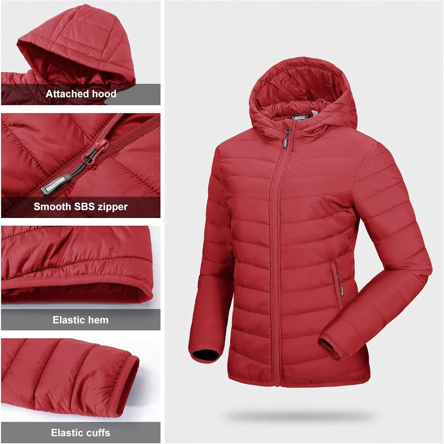 Outdoor Ventures Women's Packable Lightweight Full-Zip Puffer Jacket with Hood Quilted Winter Coat
