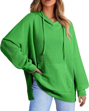 Oversized Hoodies for Women Waffle Knit Drawstring Hooded Sweatshirt with Pocket Casual Side Slit Pullover Sweaters