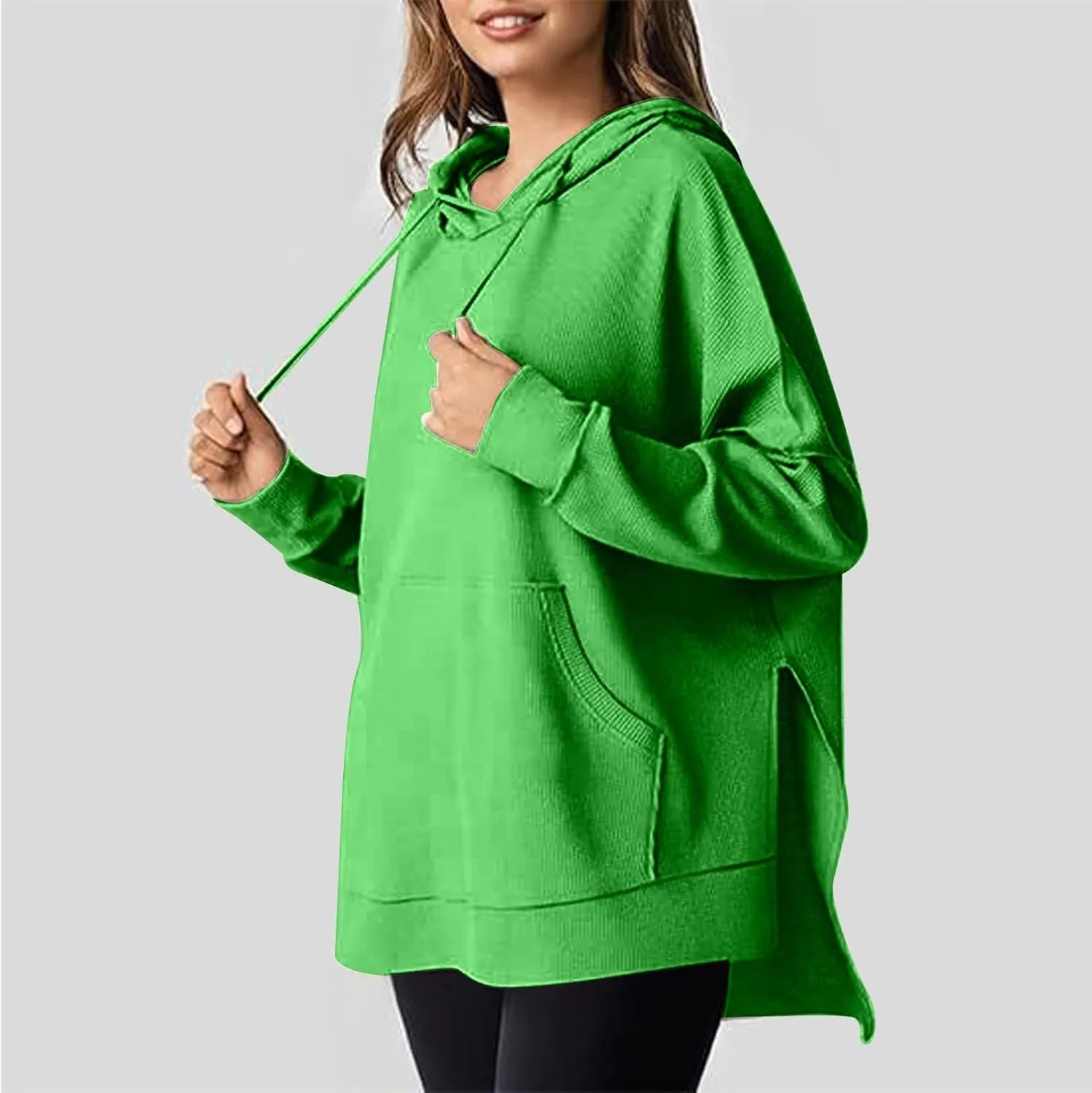 Oversized Hoodies for Women Waffle Knit Drawstring Hooded Sweatshirt with Pocket Casual Side Slit Pullover Sweaters