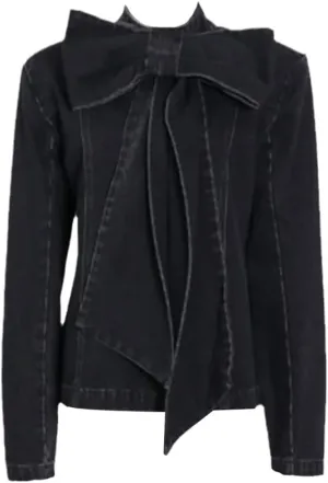 Patchwork Bow Denim Women's Jacket Stand Collar Long Sleeve Vintage Ruched Jacket Fashion Clothing