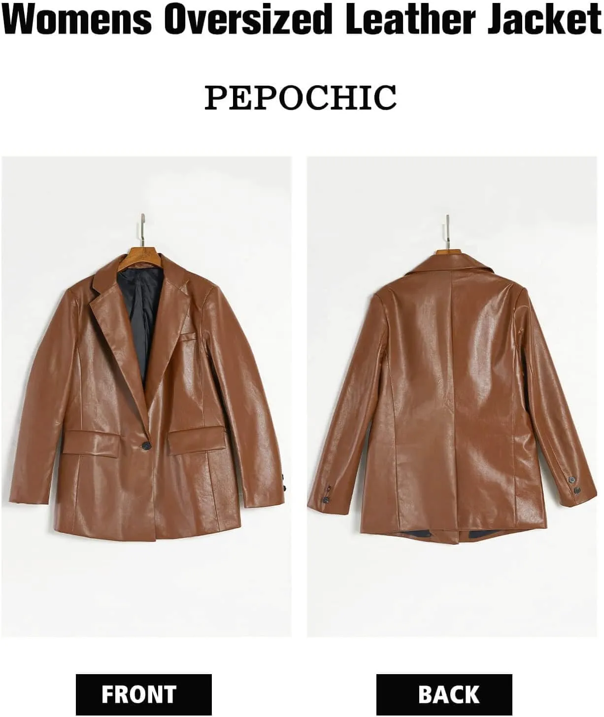 Pepochic Womens Oversized Leather Jacket Long Sleeve Faux Leather Blazer Lapel Button Down Leather Shacket Coat with Pockets