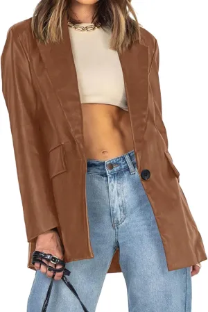 Pepochic Womens Oversized Leather Jacket Long Sleeve Faux Leather Blazer Lapel Button Down Leather Shacket Coat with Pockets