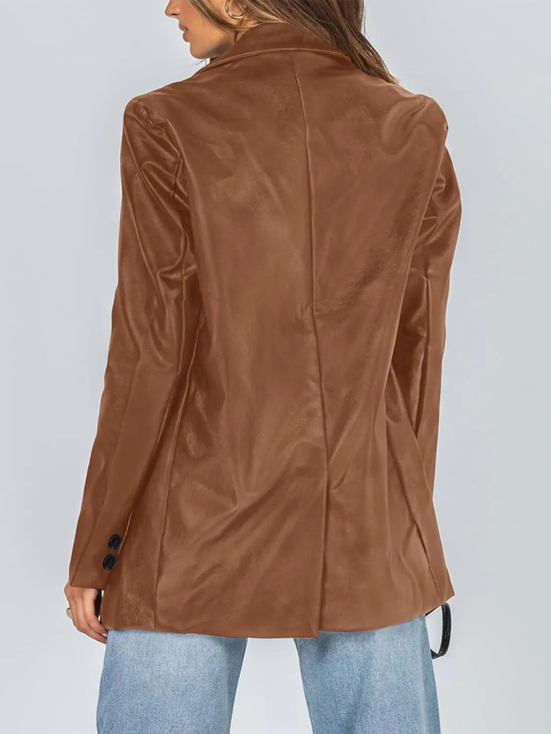 Pepochic Womens Oversized Leather Jacket Long Sleeve Faux Leather Blazer Lapel Button Down Leather Shacket Coat with Pockets