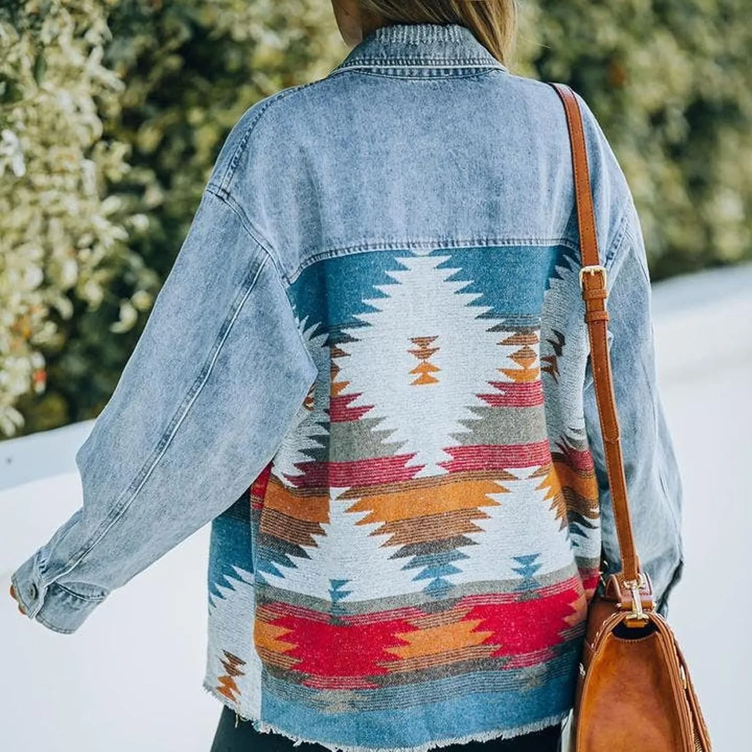 Perbai Womens Vintage Oversized Lapel Button Down Aztec Print Denim Shacket Jacket